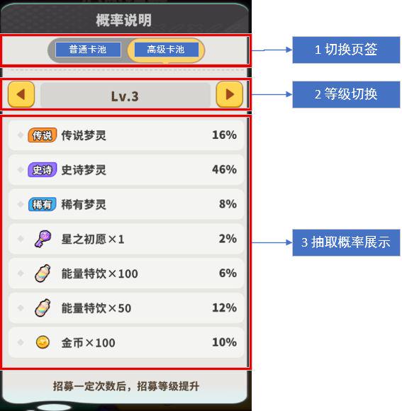 抽奖、英雄招募、心愿与高级券 - 概率说明界面